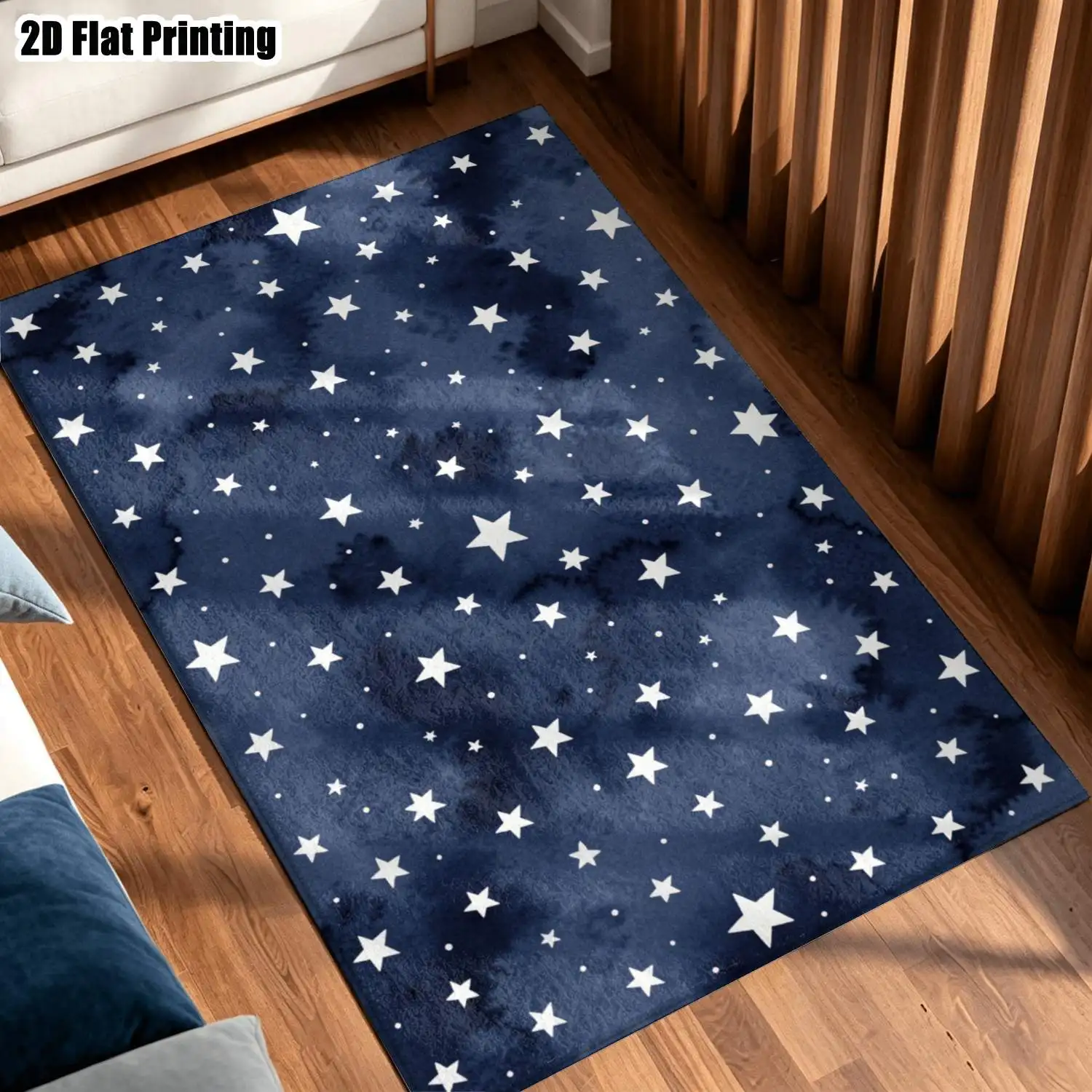1Pc 2D Printed Navy Blue White Star Pattern Nordic/Instagram Style Machine Washable Carpet Mat for Multiple Scenes