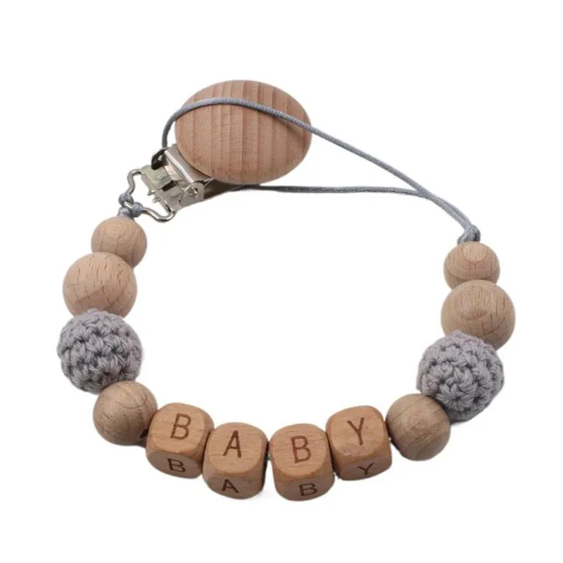 Handgemachte personalisierte Name Holz Baby Schnuller Clip Häkelperlen Schnullerkette Halter Baby Safe Beißring