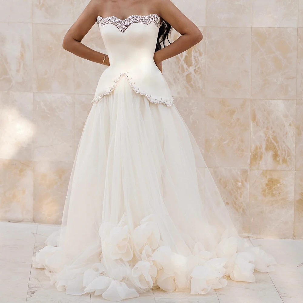 

Customized A-line Evening Dresses Floor-length Strapless Sleeveless Prom Gown Fashion Crystal Flowers Simple Draped Party Gown