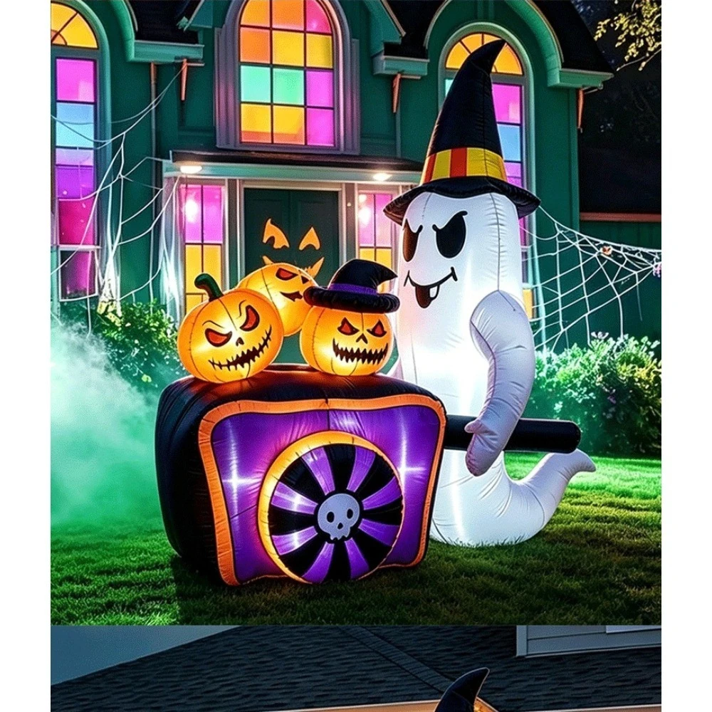 5FT Halloween Inflatables LED Light Up Ghost Pushing Pumpkin Cart Outdoor Decorations Self Inflating Yard Decor Party Polyester