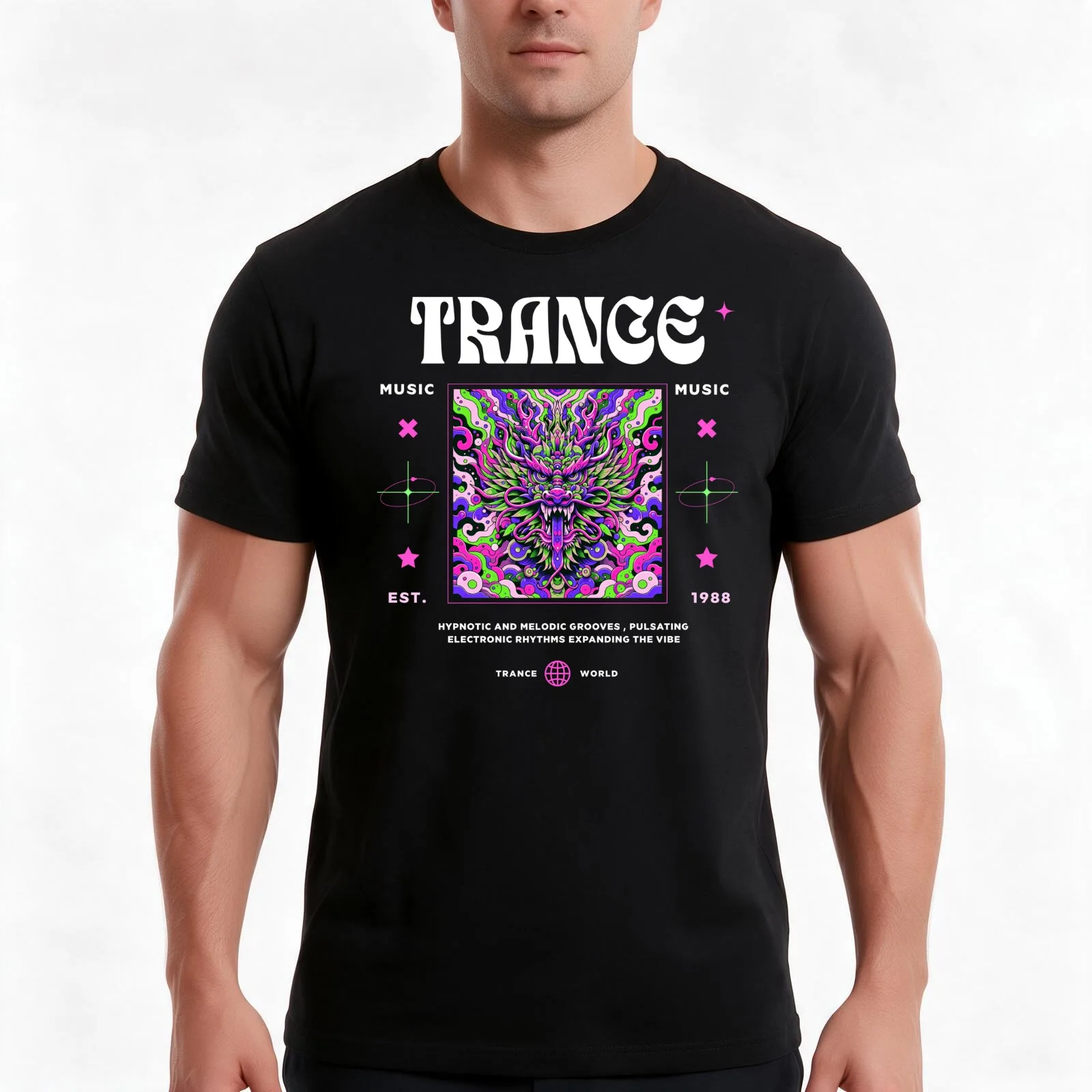 TRANCE - Trippy Dragon Face (White) T-Shirt, Summer Casual Cotton Tee, Oversized Streetwear Tops, Vintage Graphic Print
