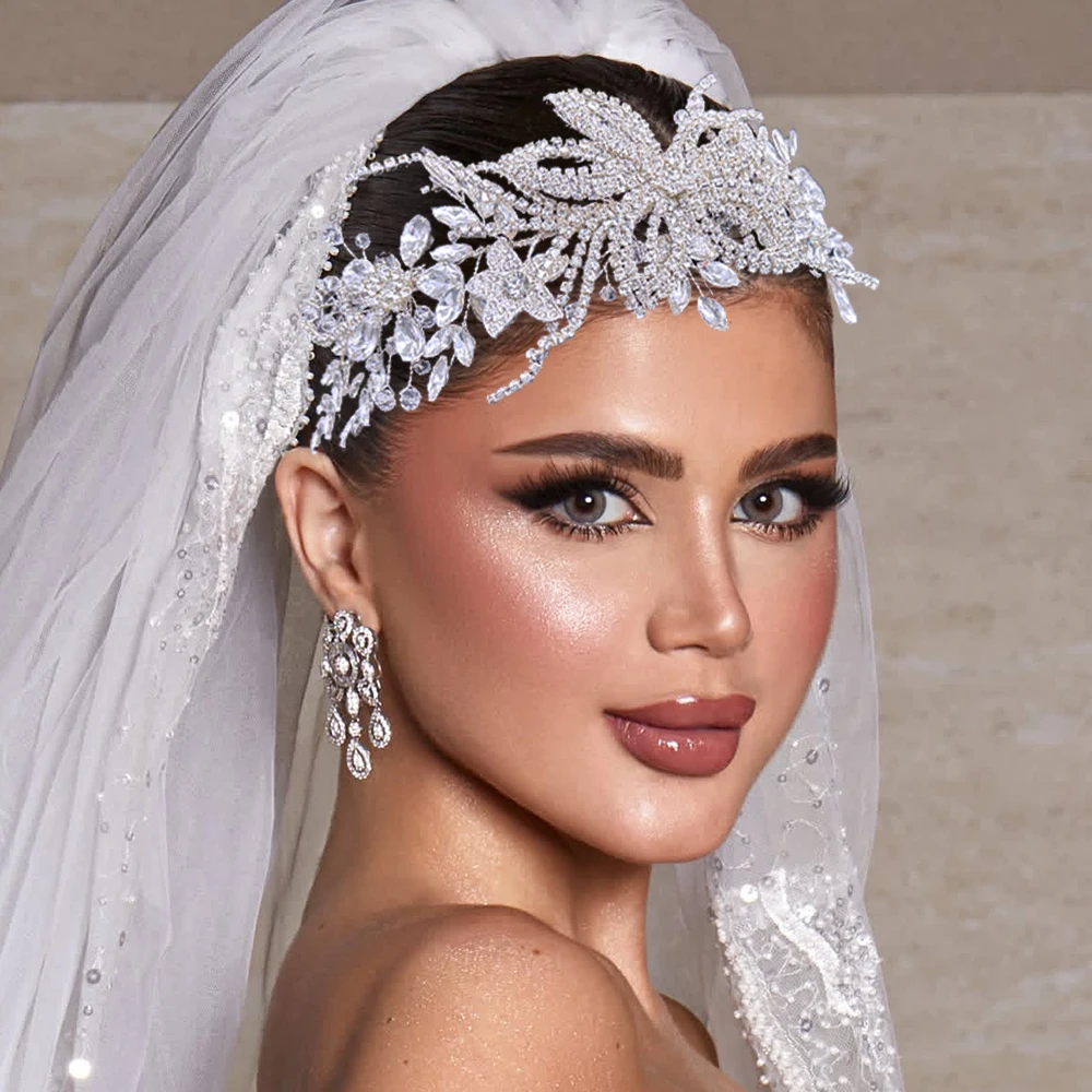 

DZ292 Full Rhinestone Leaves Bridal Crown for Beauty Royal Wedding Contests Quinceanera Champagne Tiara with Crystal for Women