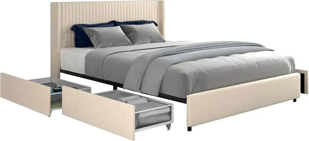 Queen Size Wingback Platform Bed Frame with 4 Drawers, Modern Design Headboard