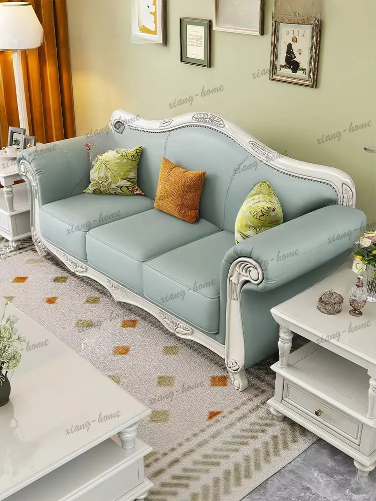 FG Living room white retro solid wood leather sofa top layer cowhide 123 combination