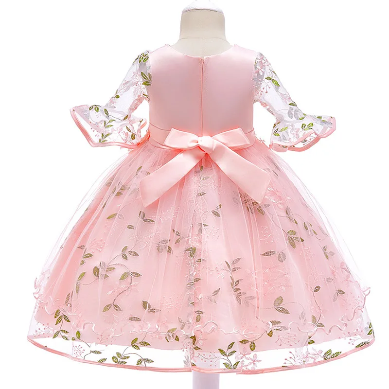 Girl Flower Embroidery Elegant Dress Kids Half Sleeve Birthday Party Clothes Child Formal Christmas Costume Pink Gray Vestido