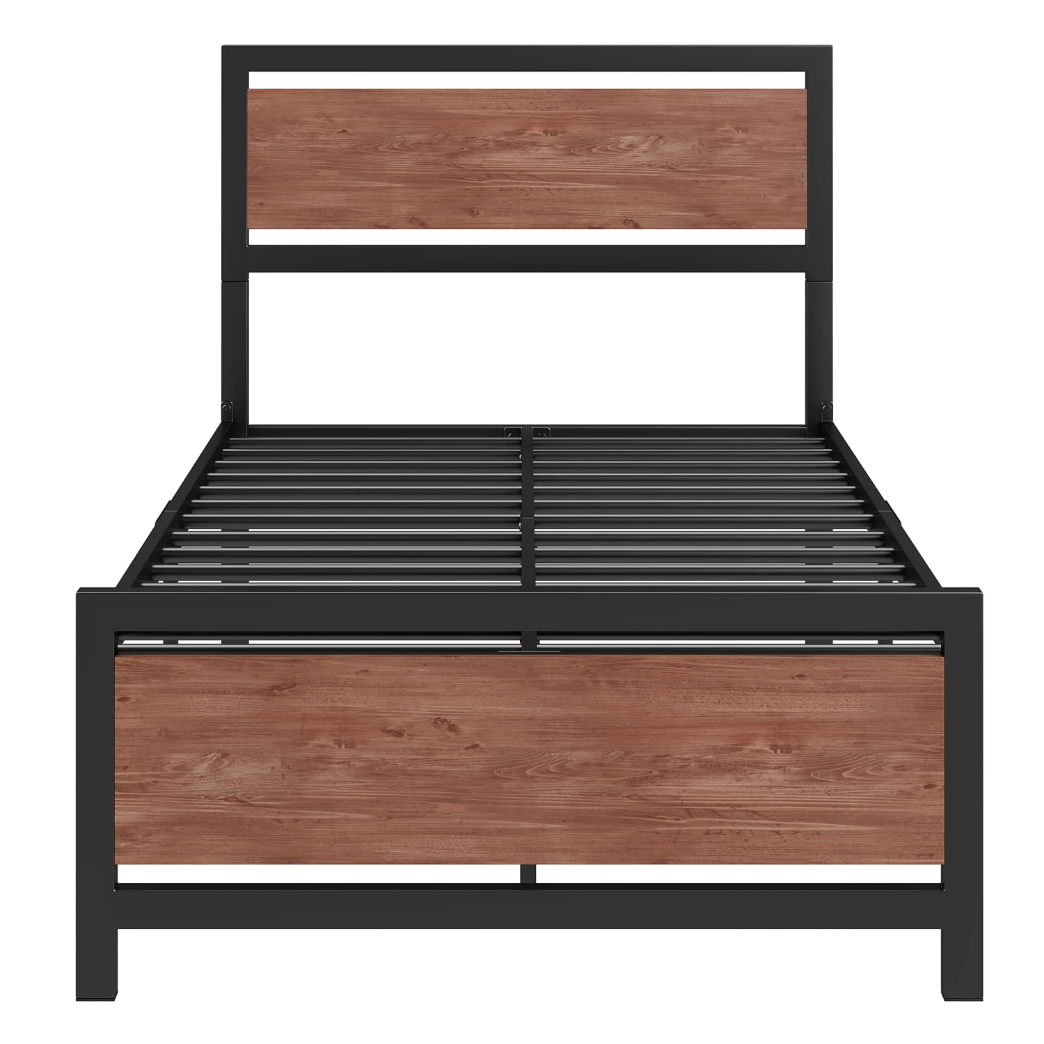 Twin Size Platform Bed, Metal and Wood Bed Frame with Headboard and Footboard, Black