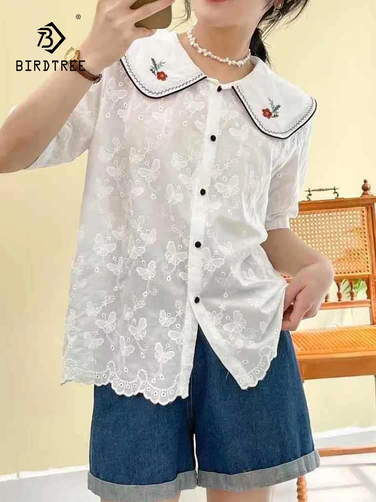

New 2025 Summer Cotton Short Sleeve Shirt, Women Peter Pan Collar Embroidery, Mori Girl Age Reduction INS Loose Blouse T57185CC