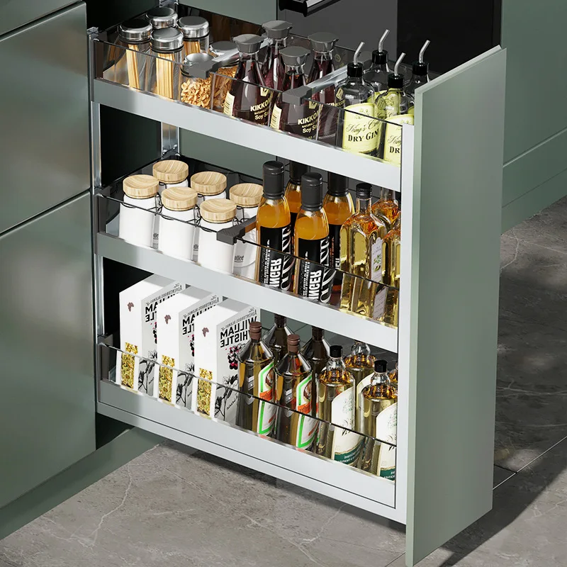 Kitchen Cabinet Drawer Seasoning Storage Shelf 2 layer Condiments Pull Basket Aluminum Alloy Pull Out Cabinet Organizer Rack