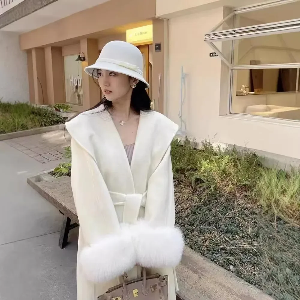 Donne Nuovo Grande Risvolto Lungo Pelliccia di Volpe Giacca di Lana Double-sided Cappotto di Cachemire Femminile Reale Cappotto di Pelliccia di Volpe Giacca di Lana 2024 Inverno Nuovo