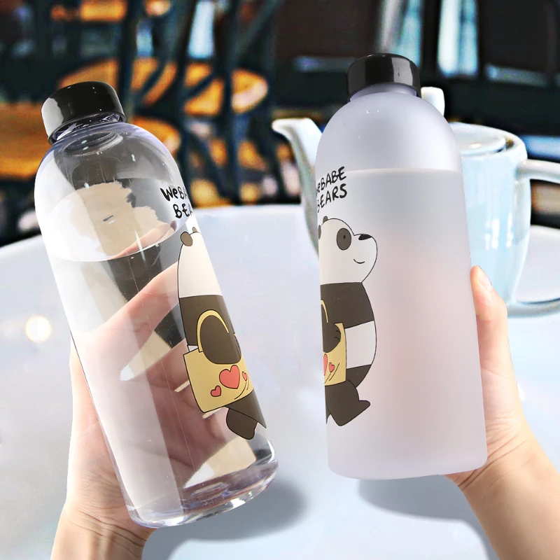 Water Bottles with Straw Cute Panda Bear Cup 1000ml Transparent Cartoon Water Bottle Drinkware Frosted Leak-proof Shaker Bottle