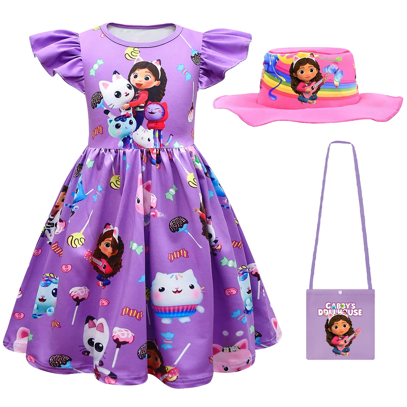 Kids Cotton Clothing Girls Gabbys Dollhouse Dress with Hat & Bag Lace Princess Dresses Toddler Girls Birthday Party Gift Dresses