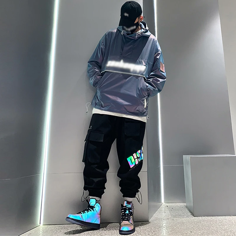 Męskie spodnie Cargo Y2K czarne spodnie sportowe spodnie odblaskowe luźne spodnie Streetwear Pantalon Homme Techwear Streetwear