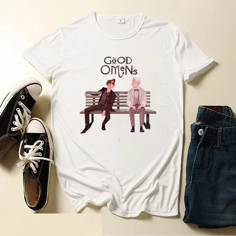 Vintage Good Omens Aziraphale Crowley Cartoon Print T Shirt Unisex Casual Short Sleeve Crew Neck Tee Men Retro Streetwear Tops