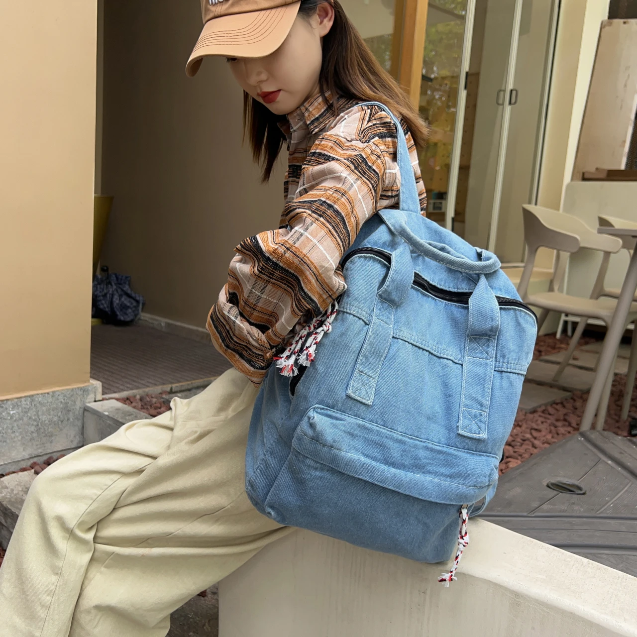 Denim Women\'s Backpack Canvas Shoulders Bag Sports Knapsack Retro Packbag Travel Rucksack School Jeans Mochila Y2K Bookbag Big