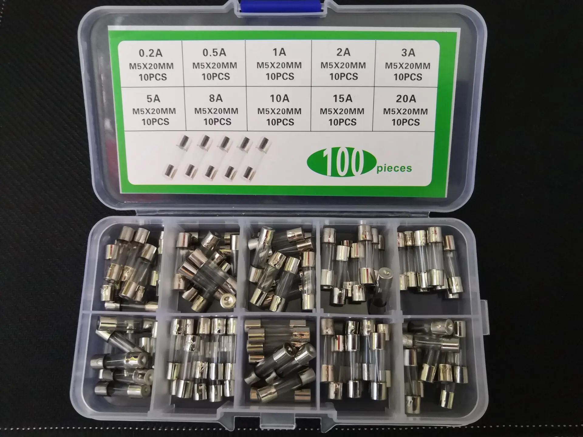 Free Ship  5*20mm Fuse Kit Box 0.2A/0.5A/1A/2A/3A/5A/8A/10A/15A/20A Blown Fuze Protect Circuit Safety 100PCS=10 Values * 10pcs