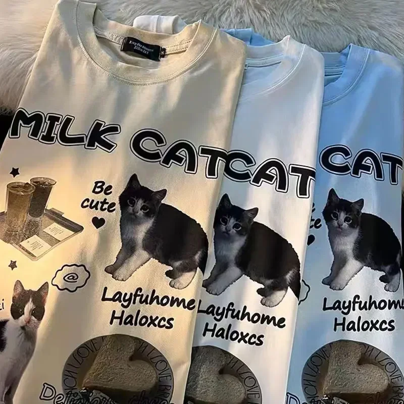 Harajuku Cute Cat Graphic Print T-shirt Women Streetwear Fashion Top Y2k Aesthetic Cheap Women Clothing Tshirts