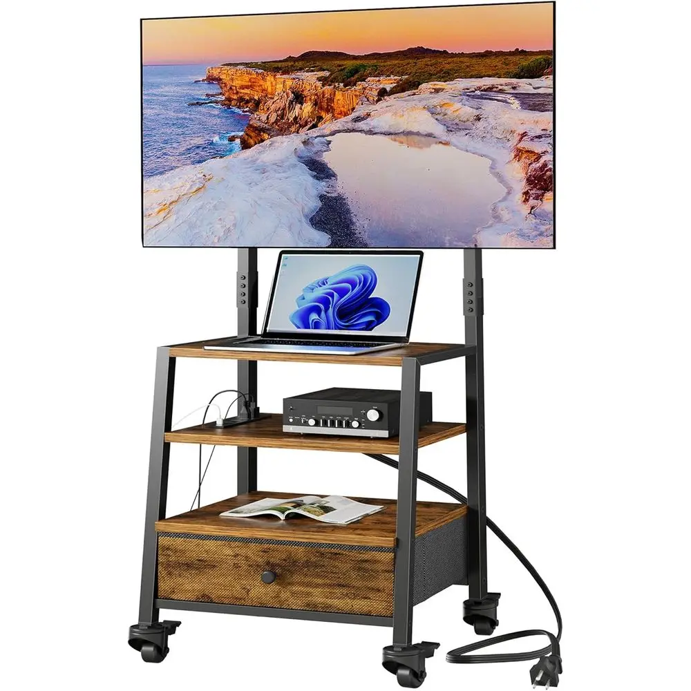 

Rolling TV Stand with Mount and Fabric Cover for 32-75 TV - Entertainment Center with Charging Station and Industrial Style Tabl