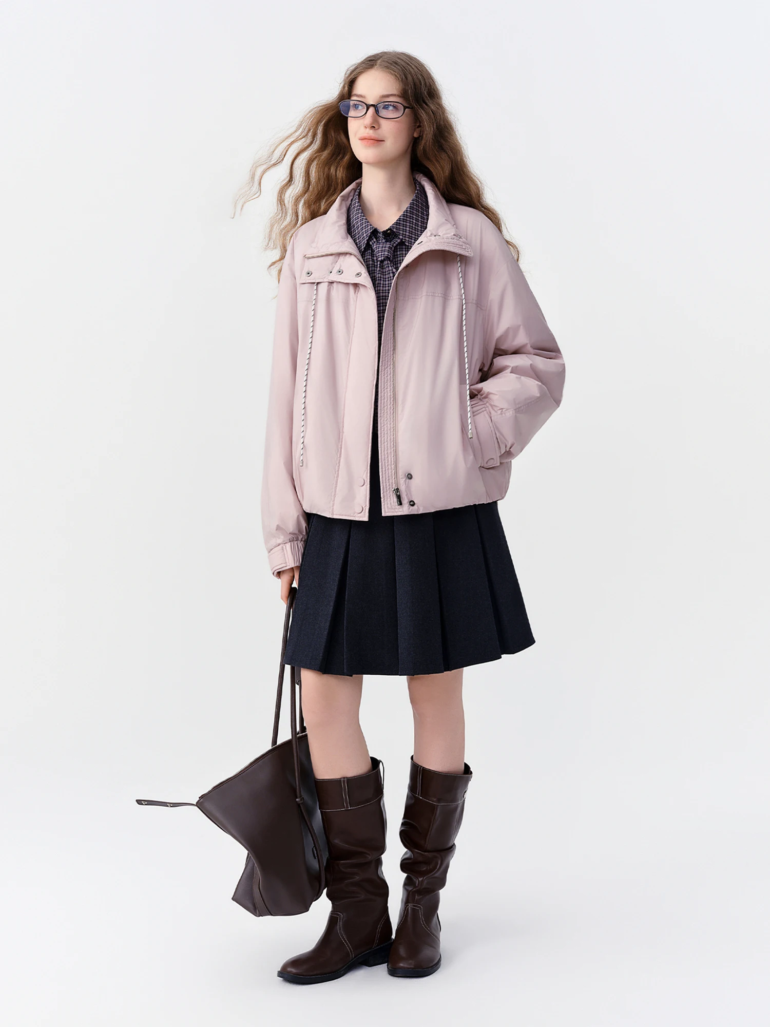 DUSHU Women Windproof Warm Pink Down Jacket with Elastic Hem 2026 Winter New Loose Fit Stylish Outerwear White Duck Down Filled