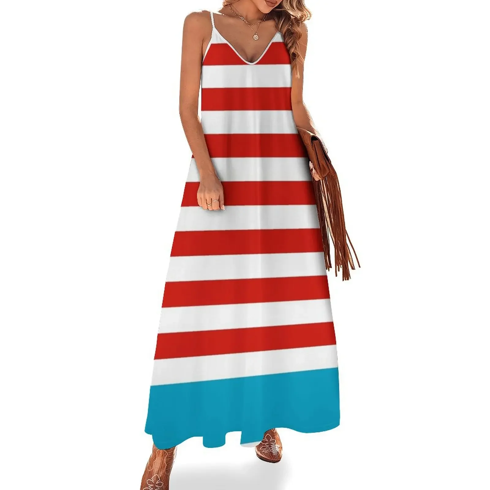 Red and white stripe, Wheres Waldo theme pattern Sleeveless Dress summer dress daily Dresses gala Long veiled dresses