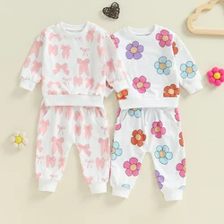 Toddler Kids Clothes Baby Girls Flower/Bowknot Print Long Sleeve Loose Sweatshirts+Pocket Pants Sets Baby Clothing