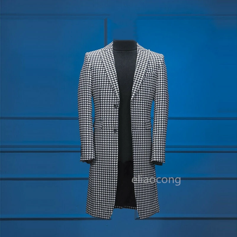 British Style Men Suits Houndstooth Men Suits Single Breasted Casual Groom Tuxedos Peaked Lapel Blazer Plaid Business Long Coat