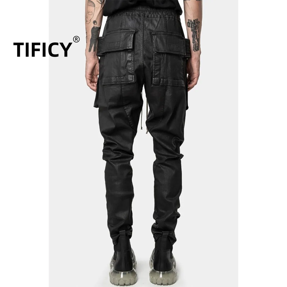 High Street Pants Men's Classic High Street Dark Style Brushed Wax Coating Double Ring Workwear Casual Loose Straight Leg Pants