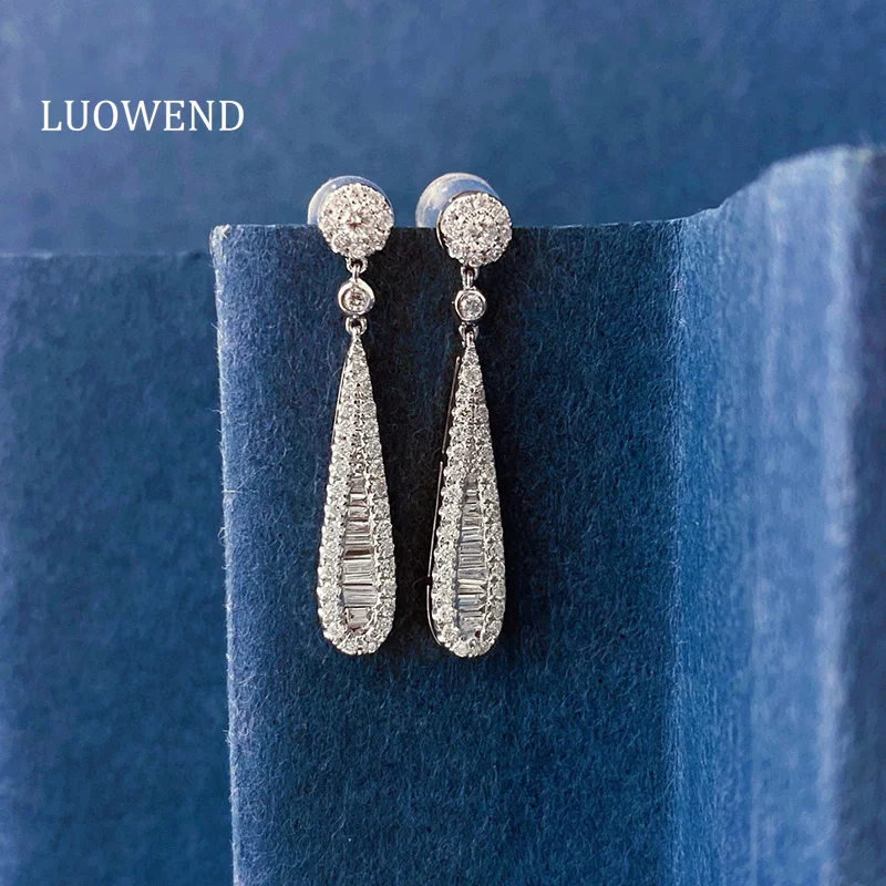 LUOWEND 100% 18K White Gold Earrings Luxury Design 0.70carat Real Natural Diamond Drop Earrings for Women High Party Jewelry