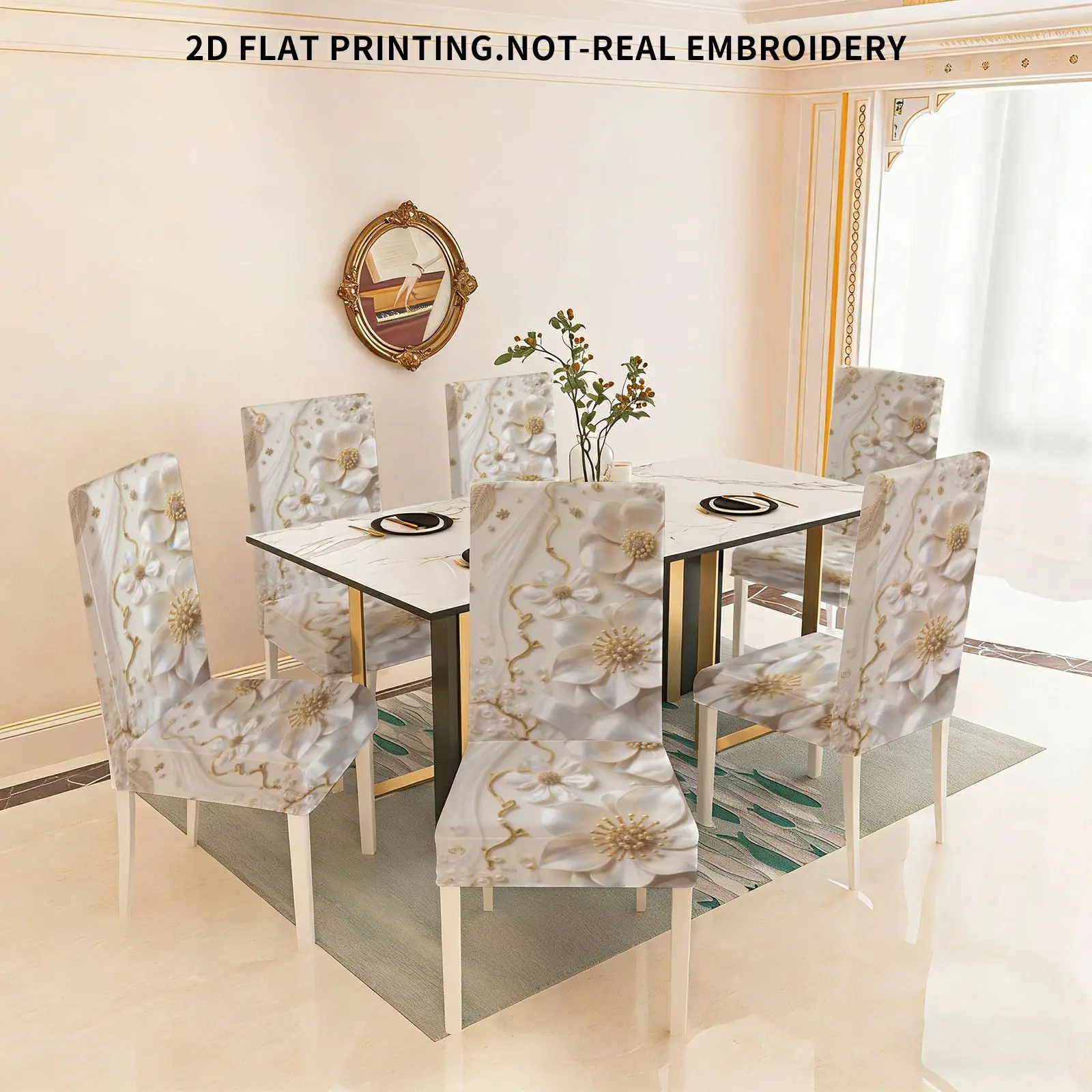 

Набор обеденных стульев с плоским принтом и эластичной отделкой, белые цветочные узоры, декоративные жемчужные элементы, роскошный романтический стиль.