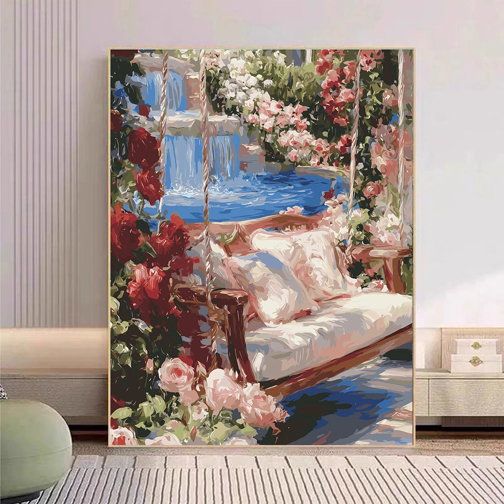 Garden Swing Floral Waterfall Scenery Oil Painting By Numbers Modern Wall Decor for Living Room Bedroom Perfect Gift No Frame