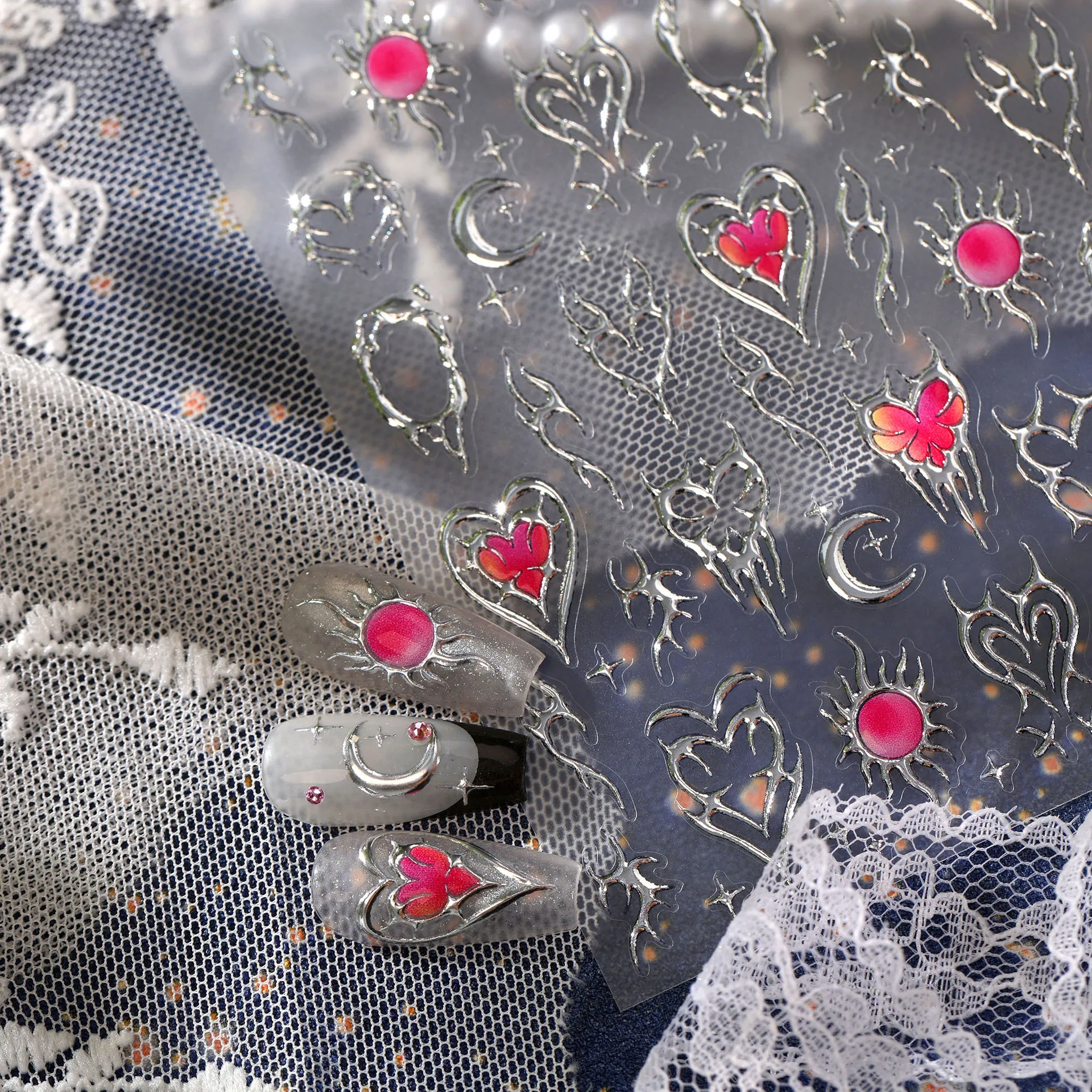 5D Silver Metal Nail Stickers Thorn Heart Sun Moon Fire Butterfly Irregular Heart Celestial 5D Nail Stickers Self Adhesive Decal