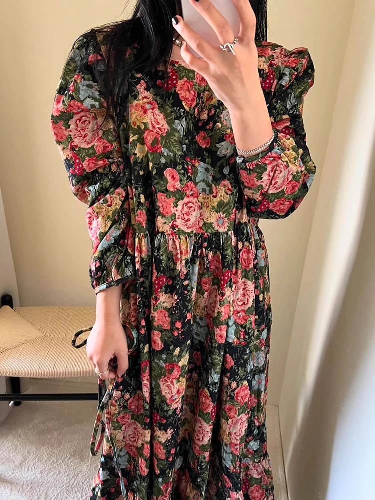 Korean chic autumn retro temperament vestidos 2024 o neck color printing stitching ruffled loose long-sleeved floral dress