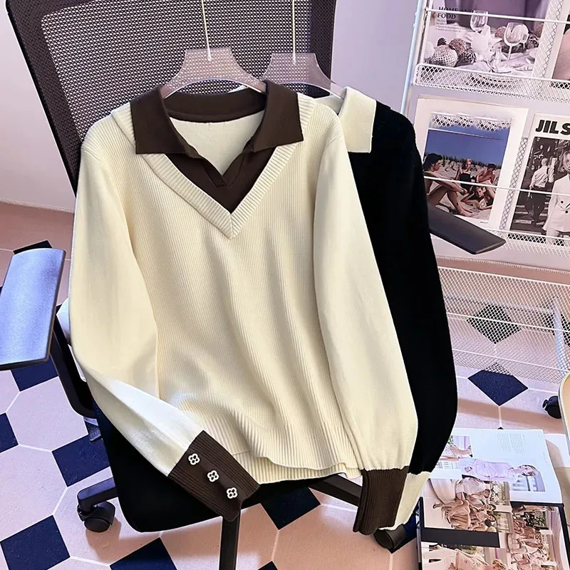 

Women Large Size 4xl Knitting Top Female Fashion Leisure Two Pieces Sweater Autumn Winter Ladies Splicing Knitted Sweater