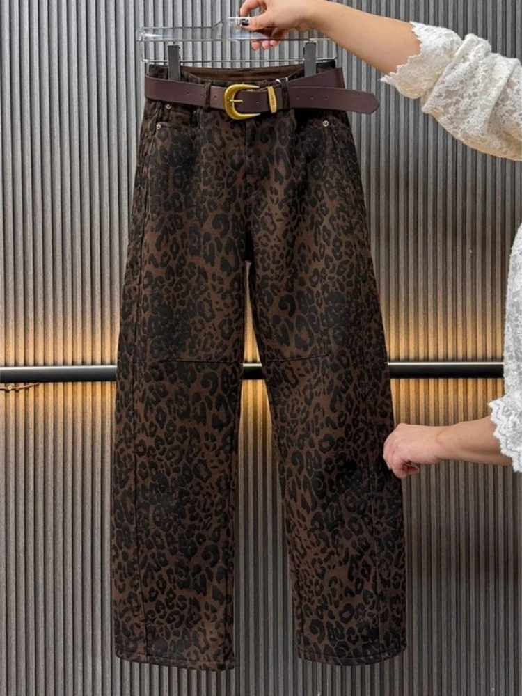 Women Washed Cotton Slacks Fashion Retro Leopard Print Straight Pants Winter High Waist Fleece-Lined Thickened Wide-Leg Trousers