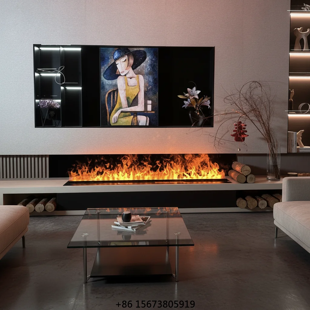 

3D-камин с эффектом пламени для тумбы под телевизор - тонкий дизайн, регулируемое LED-пламя, управление через смарт-приложение, простая установка, подключаемый блок.