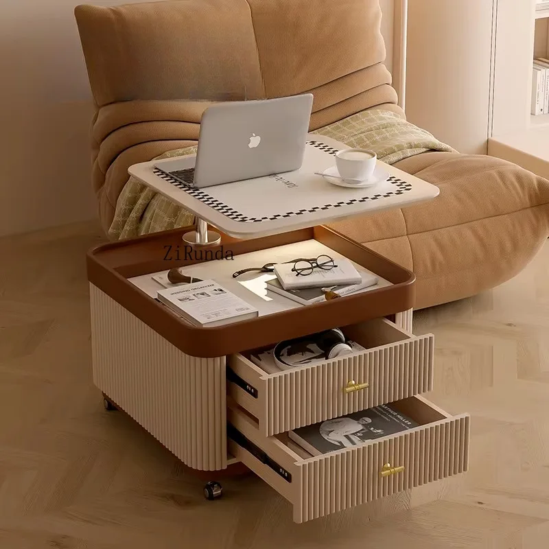 Lifting roller coffee table Solid wood surface Storage drawer Adjustable height Foldable multi-functional tea