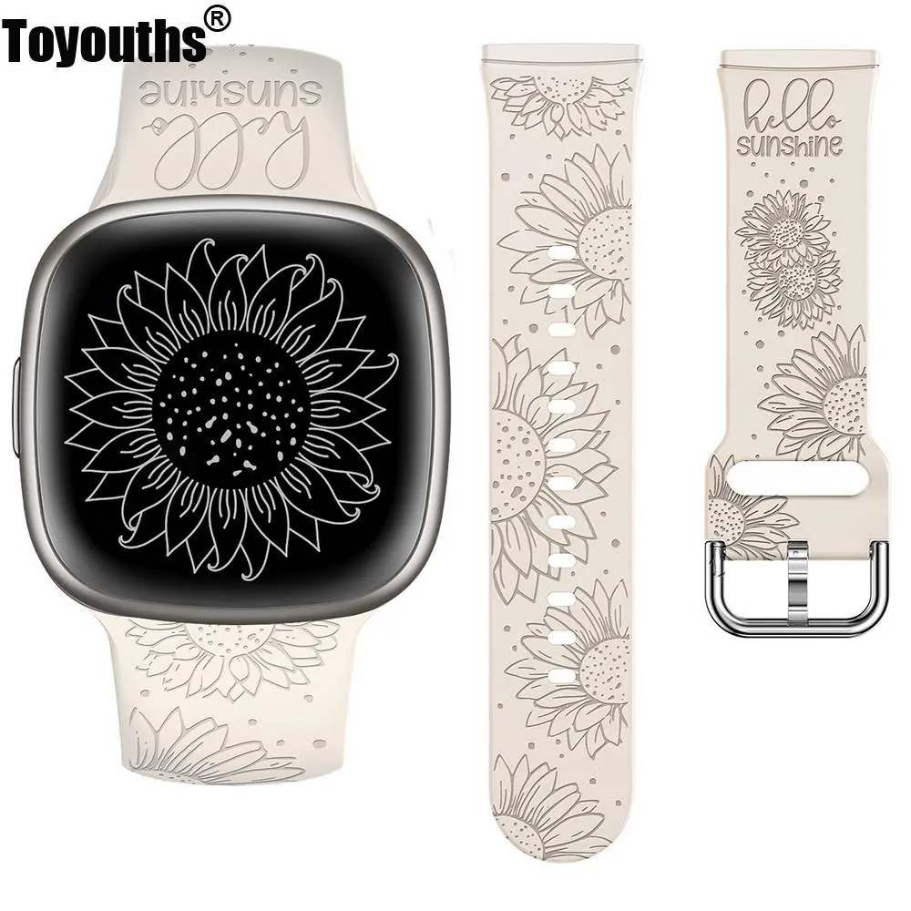 TOYOUTHS Engraved Band for Fitbit Versa 4/Sense 2/Versa 3/Sense Women Sunflower Floral Silicone Summer Strap for Versa 4