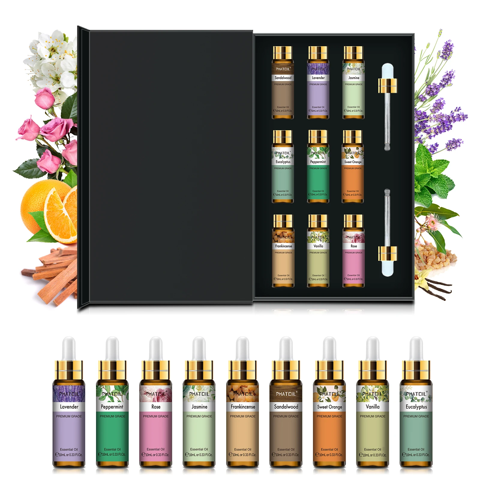 PHATOIL – ensemble d'huiles essentielles, 9 pièces, 10ml, lavande, jasmin, eucalyptus, vanille, menthe poivrée, bois de santal, encens, orange douce, rose