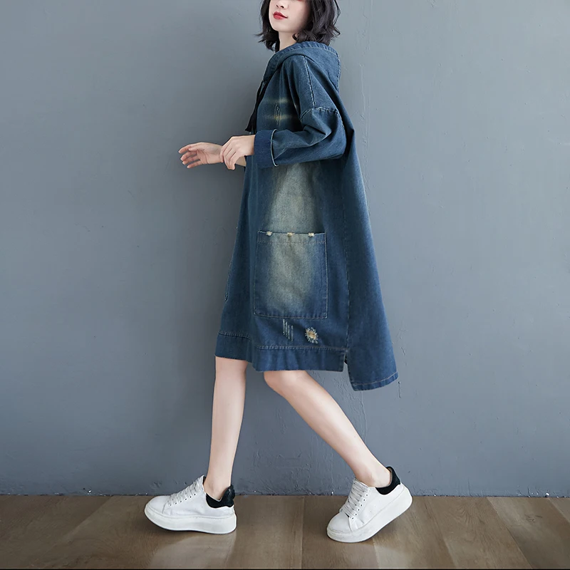 Retro Hole Denim Dress plus Size Autumn Winter Women's Clothing Loose Long Sleeve Hooded Dress Conceal Meat Slimming Dress 4