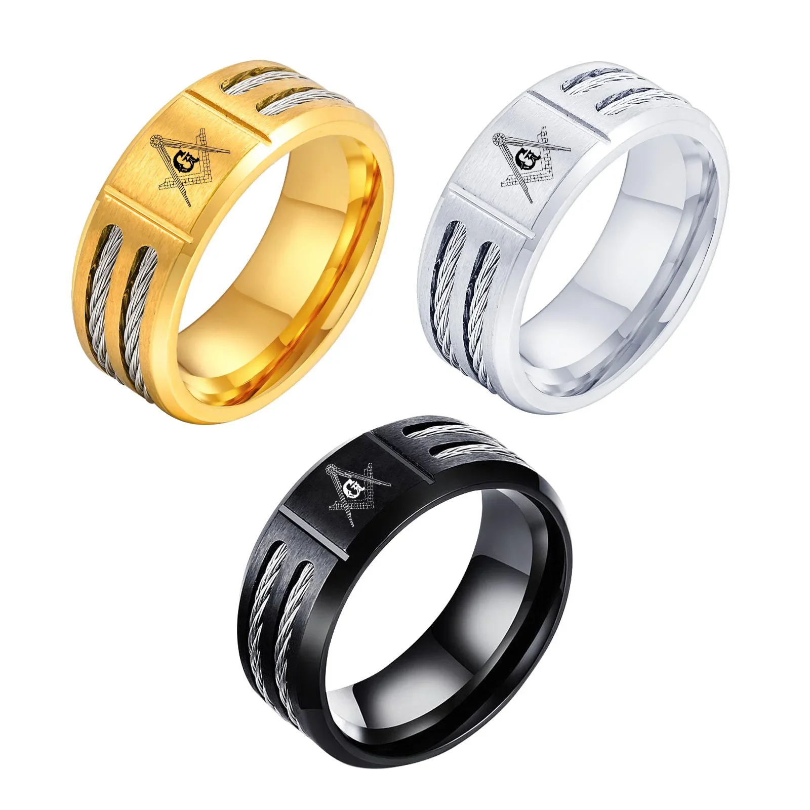 Stylish Masonic Ring for Men,Chunky Waterproof Stainless Steel Ring with Wire,The Freemasonry Member Gift