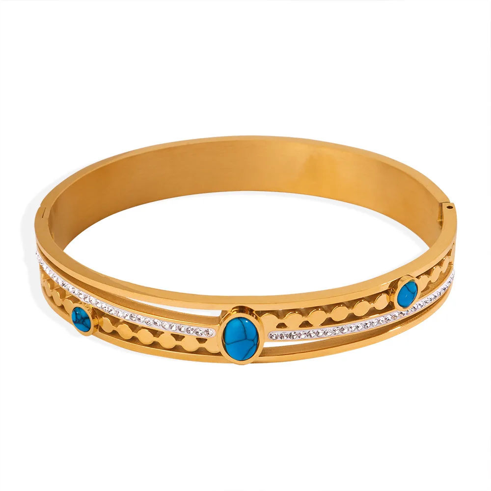 Inlaid Turquoise Stainless Steel Bracelet For Women Gold-Plated  Hollow Women\'s Hand Bracelets Simple Elegant Geometric Bangle