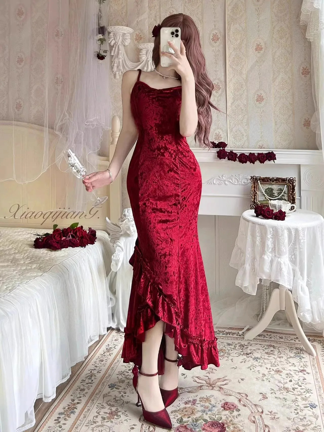 Wine Red Fishtail Dress Elegant Women Bag Hip