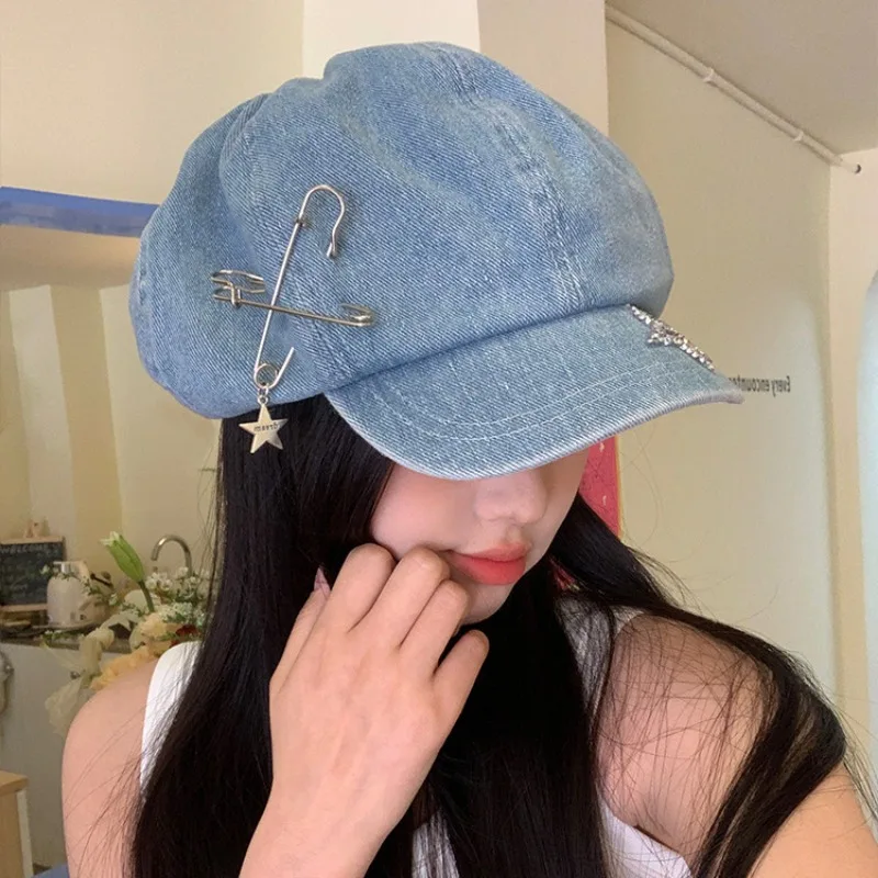 Spring and Summer Y2K Big Head Flash Diamond Star Pin Denim Beret Hat Women\'s Niche Trend Retro Octagonal Short Brim Newsboy Cap