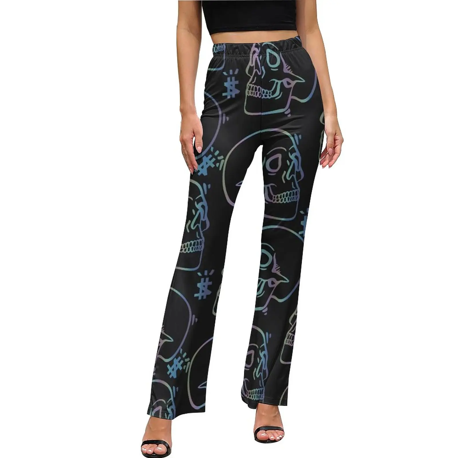

Skull Graphic Pants High Waist Colorful Skulls Print Casual Flared Trousers Cheap Daily Female Graphic Street Wear Slim Pants
