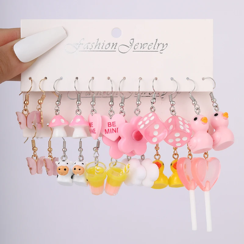 10 Pairs Cartoon Duck Dangle Earrings Set Cute Butterfly Heart Mushroom Animal Drop Earrings for Women Trendy Girl Kids Jewelry