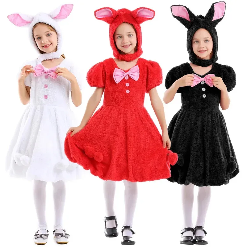 

Umorden Easter Rabbit Bunny Costume for Girls Child Tween & Teens 12-14Y White Black Red Short Sleeve Dress Hat 2pcs/set Velvet