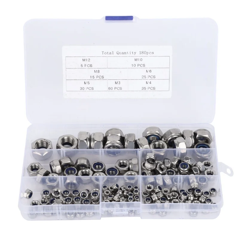 304 Stainless Steel Self Locking Nuts M3 M4 M5 M6 M8 M10 M12 Hex Nuts Fasteners Kit(180pcs )
