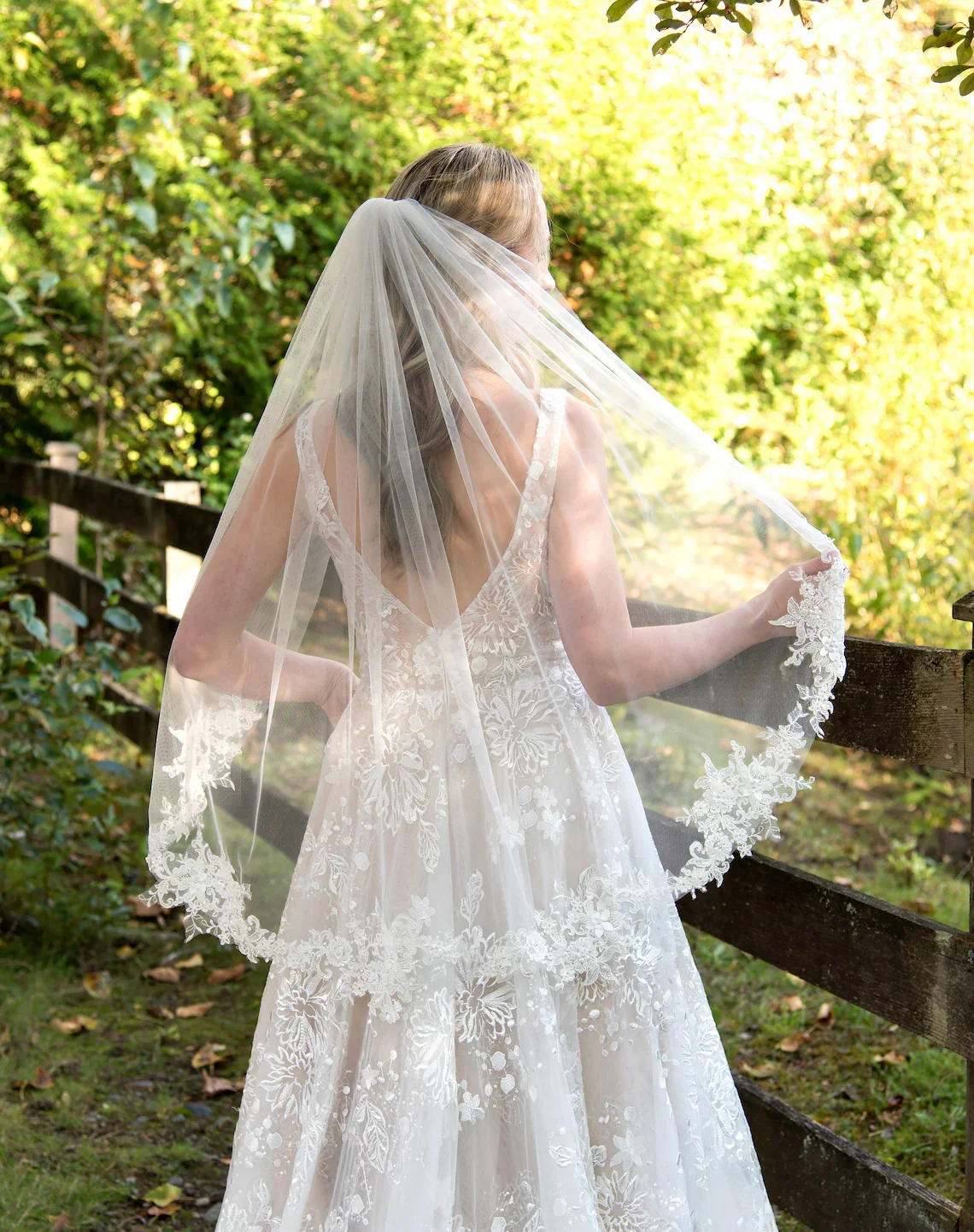 

Wedding Veil with Lace Appliqued Light Ivory Elbow and Fingertip Length Bridal Veil