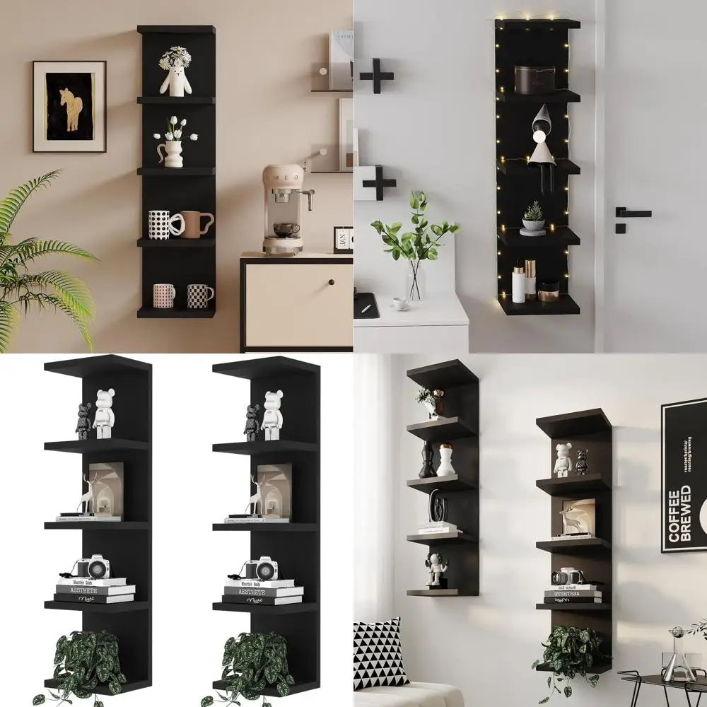 Set of 2 Black 5-Tier Floating Shelves, Wall Mounted Display Rack