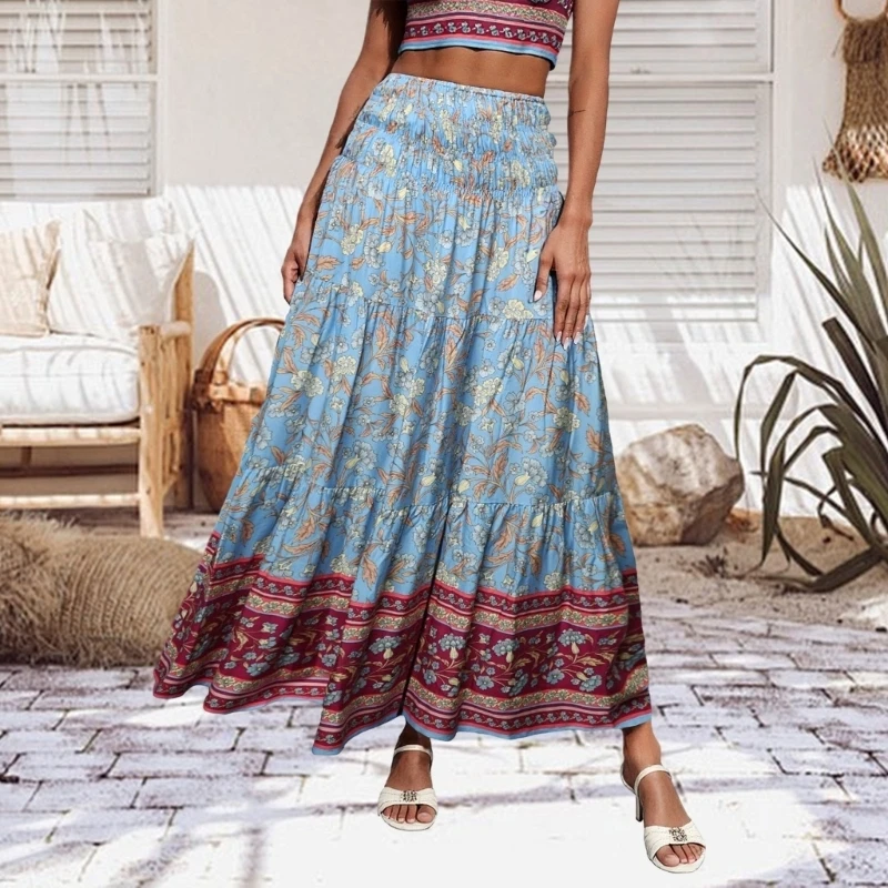 50LE Women's long dress, fashionable bohemian, trendy floral A-line beach dress, vacation wear.