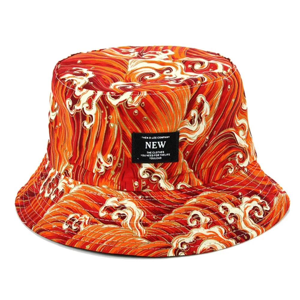 Trendy Packable Reversible Bucket Hat Sea Waves Pattern Lightweight Sun Hat UV Protection Durable Beach Cap For Men Women